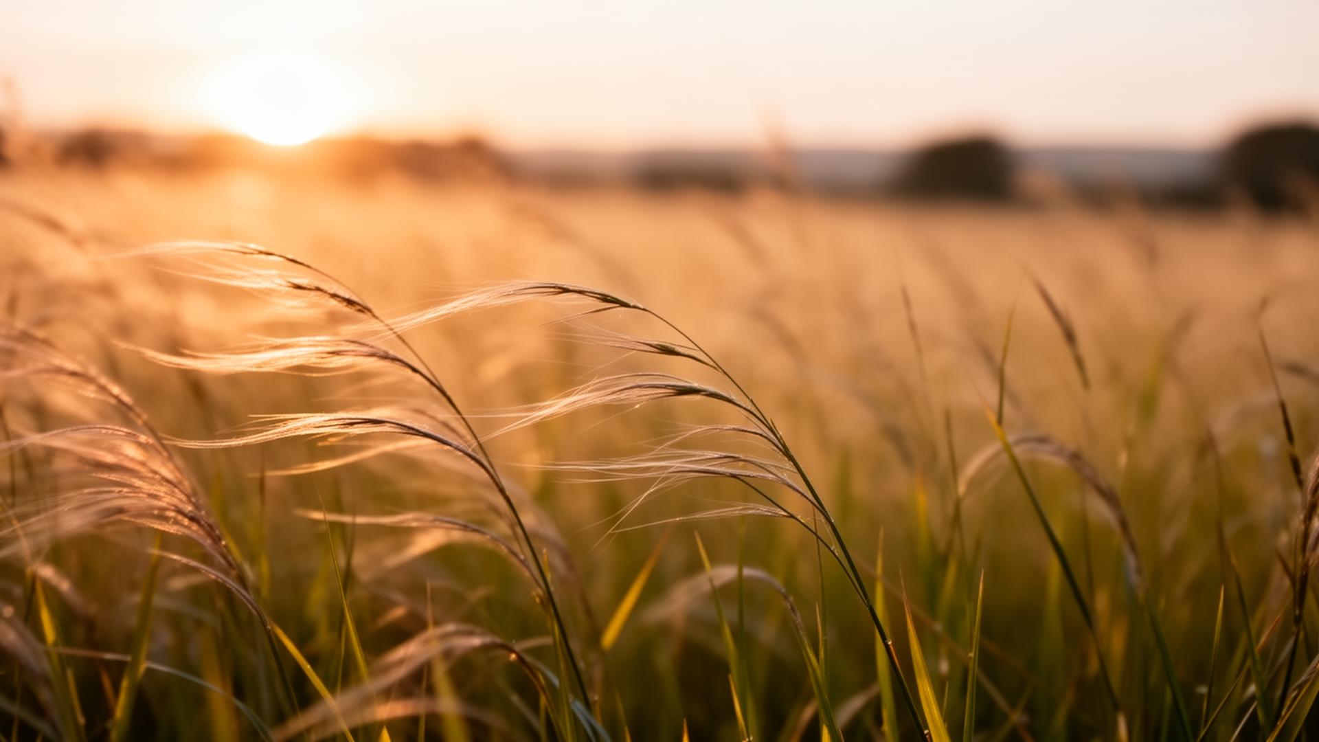 Golden meadow grass swaying in the wind