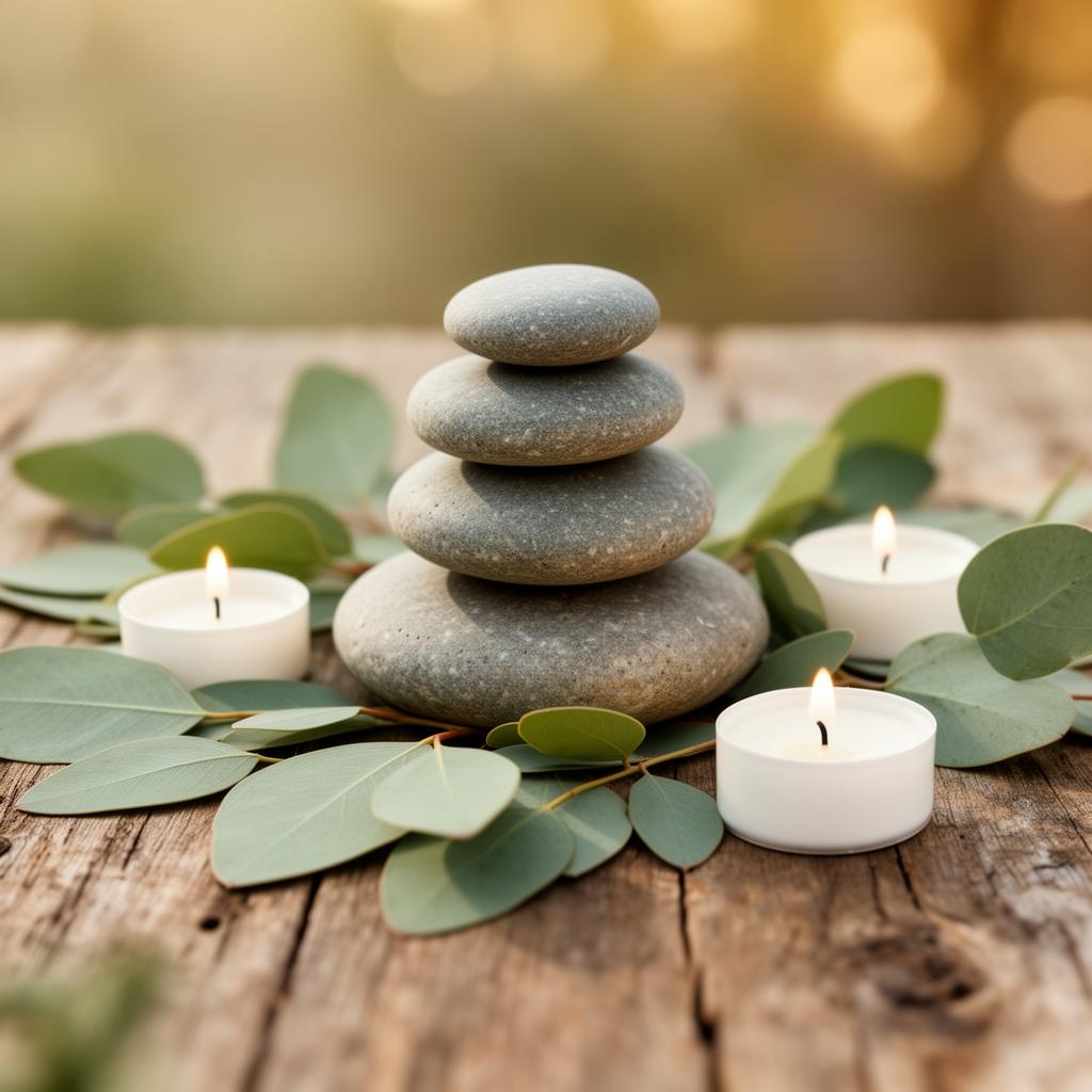 Candles flowers and stones representing self-compassion