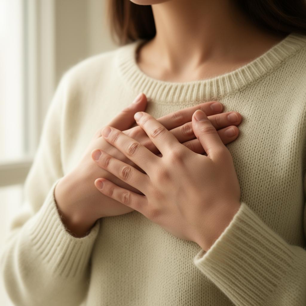 Hands placed gently over heart in self-compassion gesture