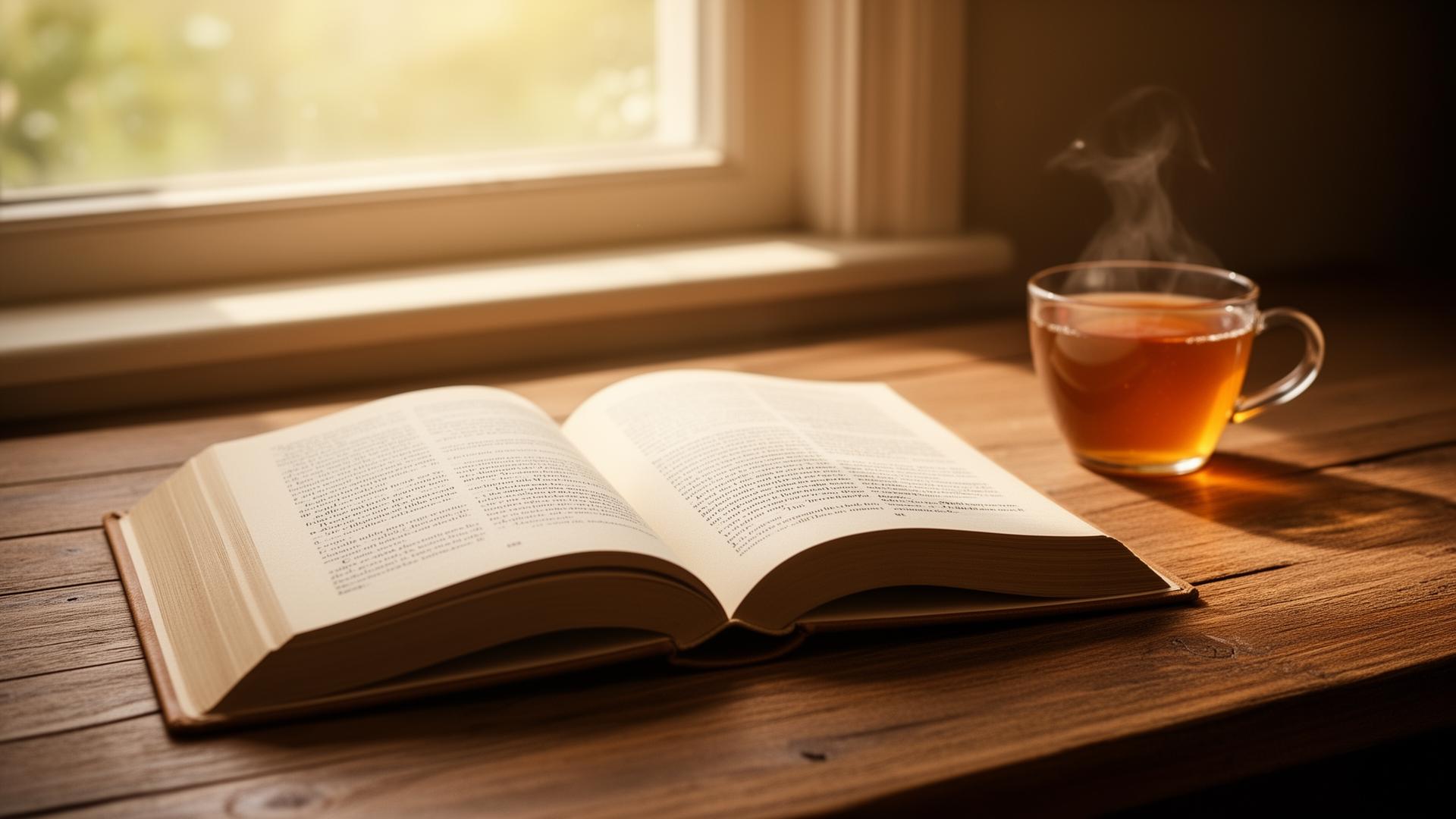 Open book with warm tea by a sunlit window