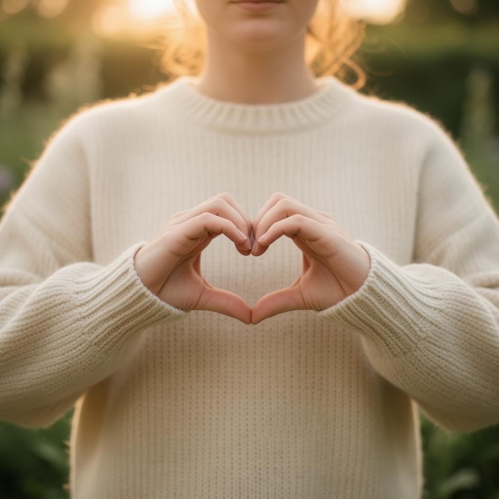 Hands gently pressed together in a heart shape at chest level, warm golden light