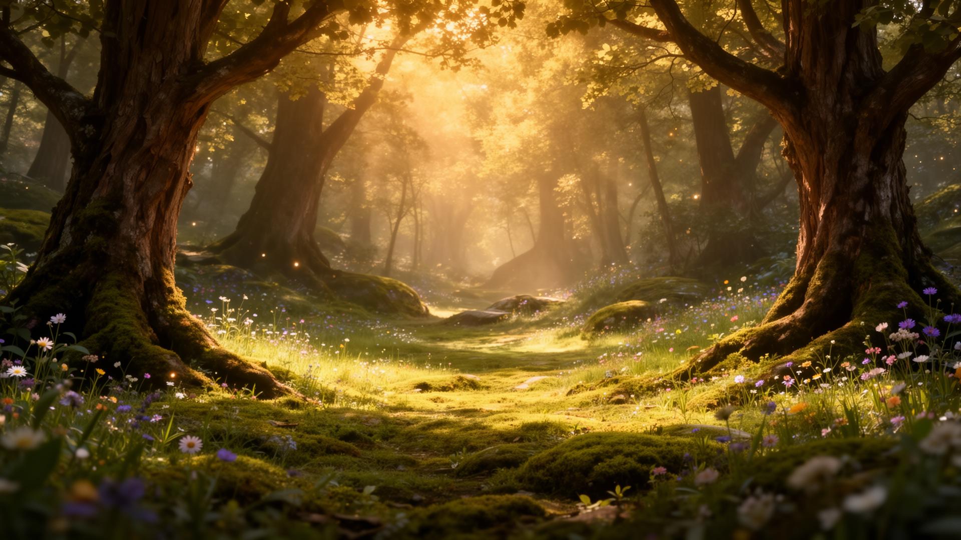 Enchanted forest clearing with wildflowers