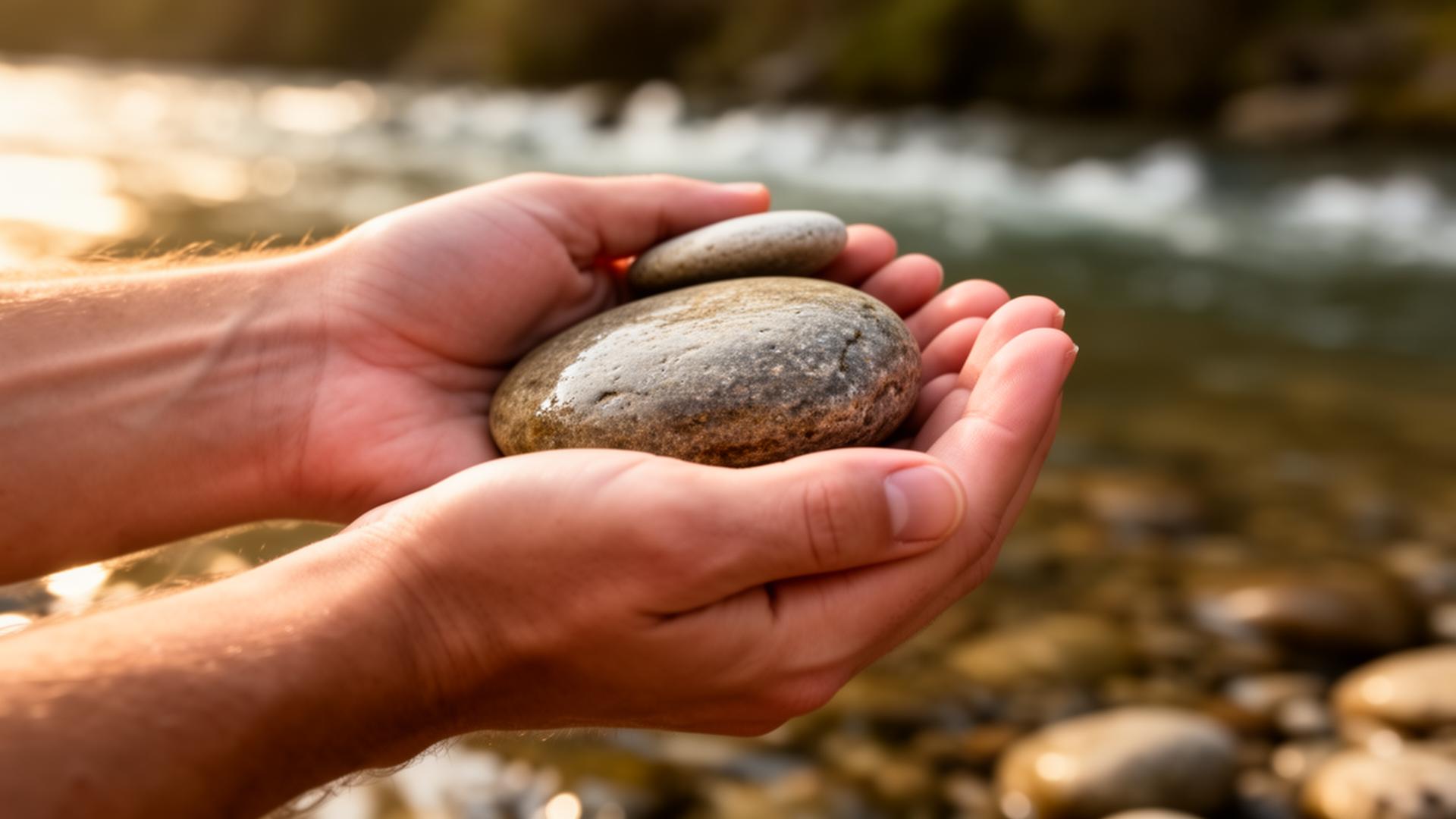 Hands holding smooth river stones