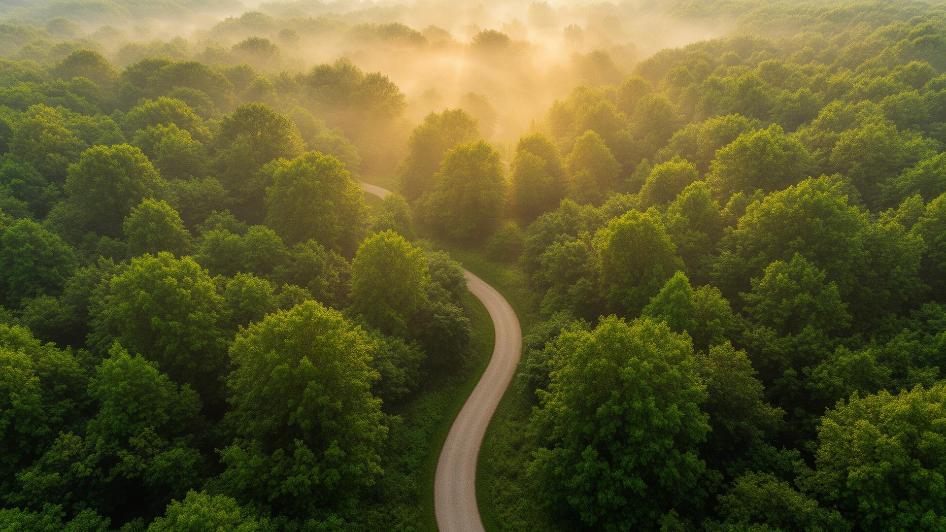 Aerial view of a peaceful forest path